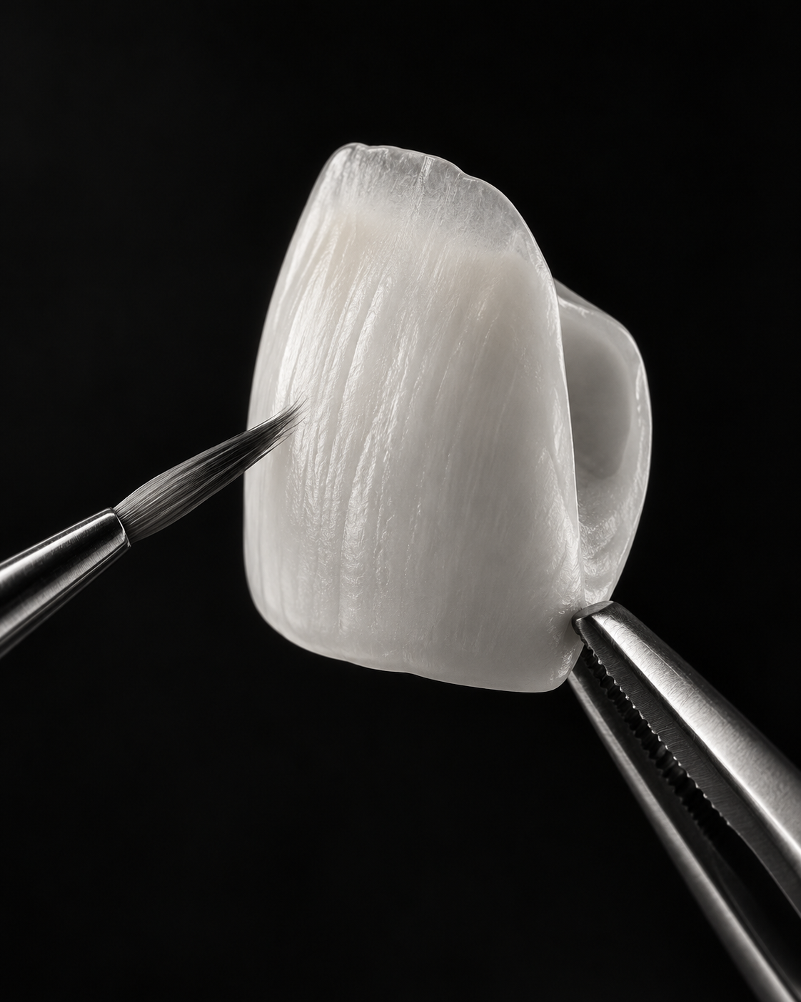 AI editorial illustration of a thin porcelain veneer being finished by hand